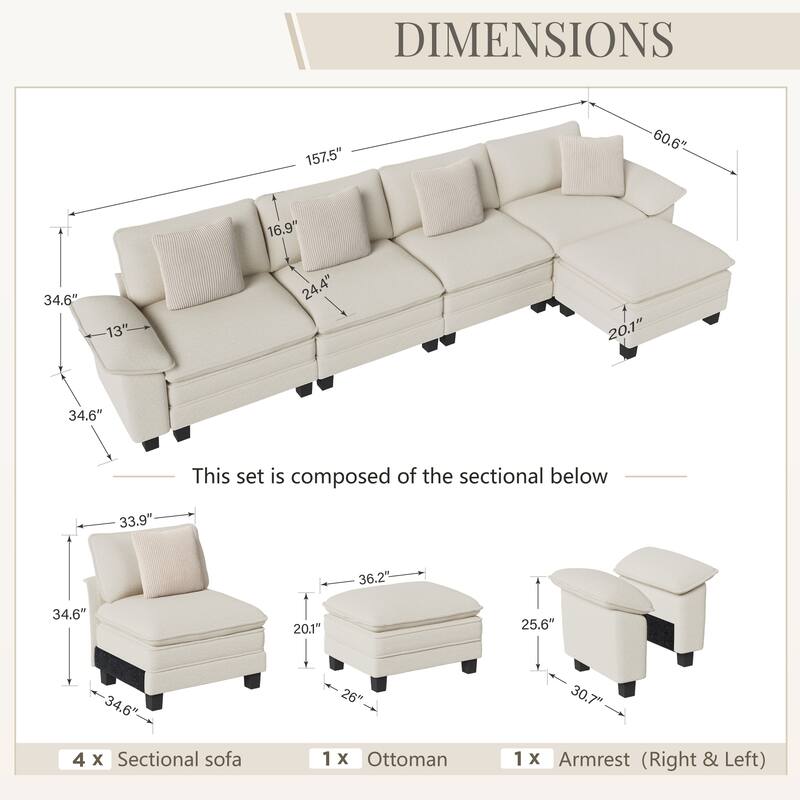 MAISON ARTS Modular Cloud Sectional Sofa, Comfy L- or U-Shaped Couch with Ottomans & Pillows, 4–6 Seat Living Room Sofa