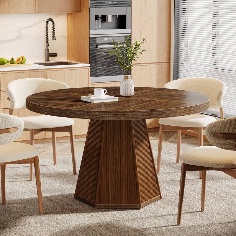 47-Inch Round Dining Table for 4, Farmhouse Industrial Wooden Kitchen Table - Brown