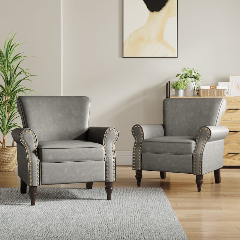 2 Set Nailheads Accent Chair Faux Leather Armchair - Grey 2Set