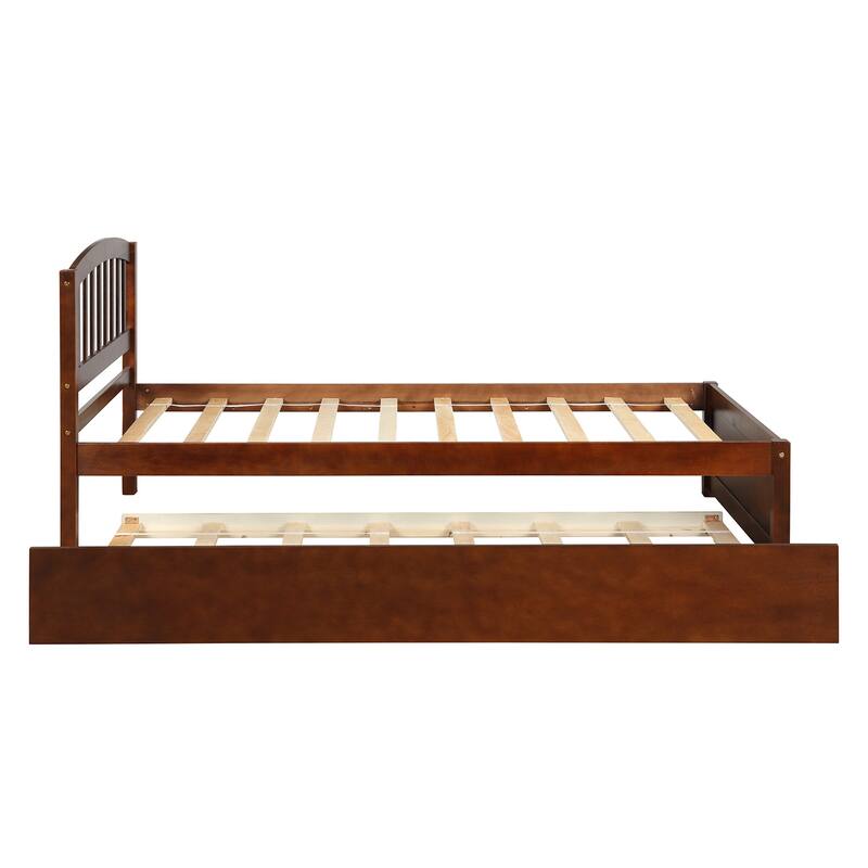 Twin Size Wood Platform Bed Frame with Trundle, Walnut Finish