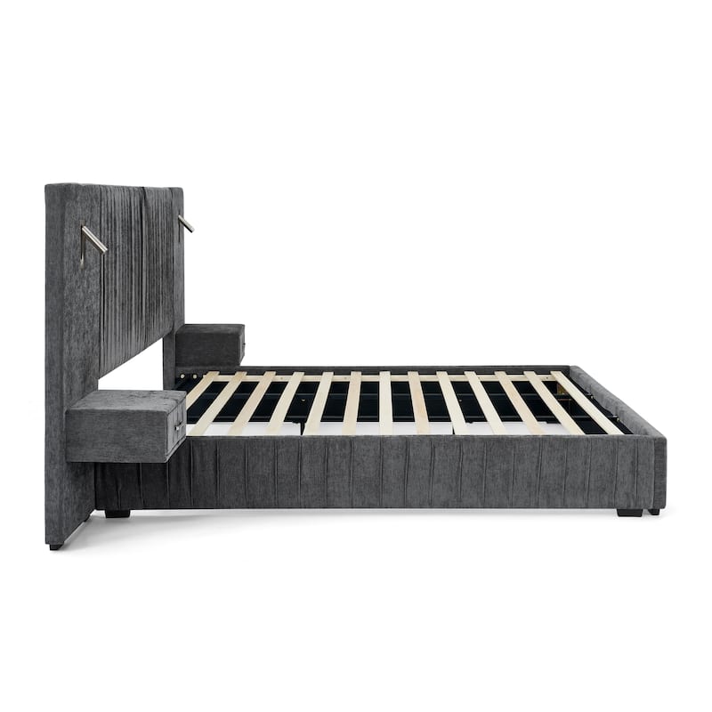 Chenille Upholstered Pleated Platform Bed Frame Wingback Headboard with Side Tables and Adjustable Lamps