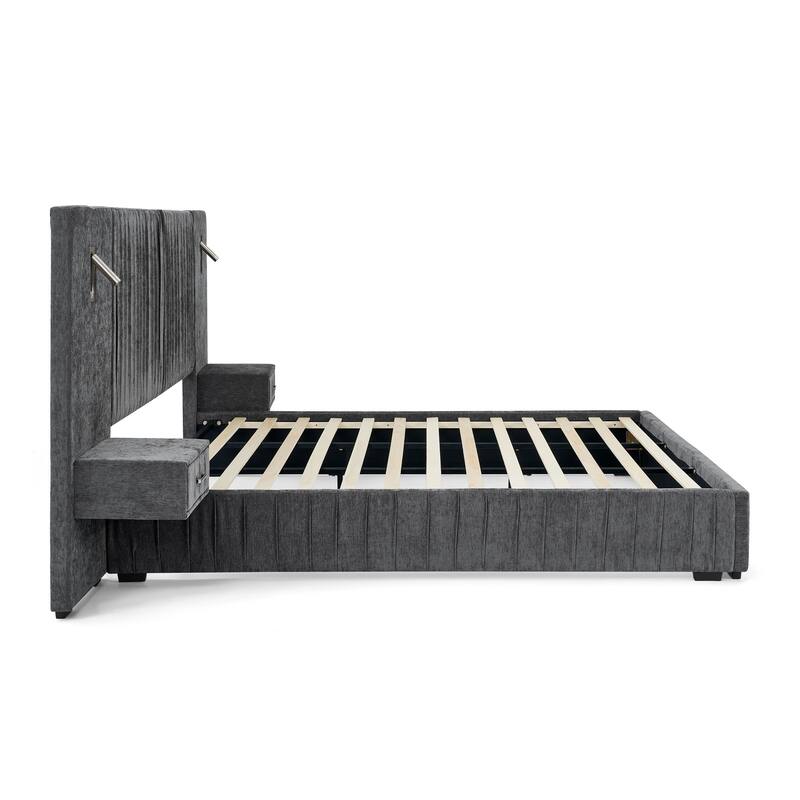 Roomfitters Queen Upholstered Chenille Platform Bed with Pleated Headboard and Built-In Bedside Tables, Solid Frame