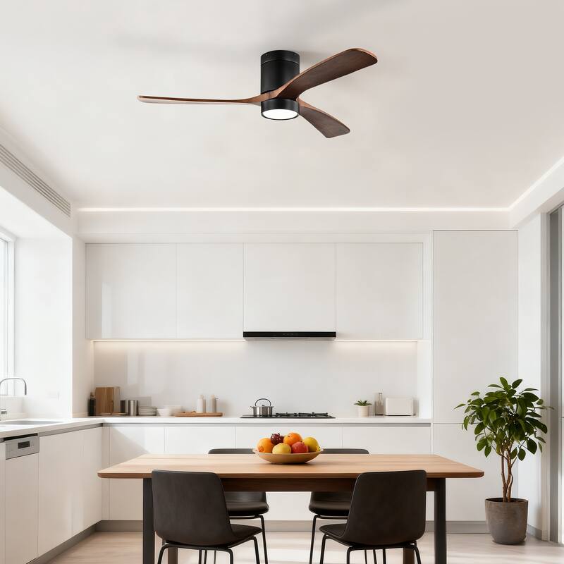 Matte Black 52 in. Indoor Flush Mount Ceiling Fan with 3 Solid Wood Blades (Dark Walnut), 6-Speed Remote Control 3CCT LED Light