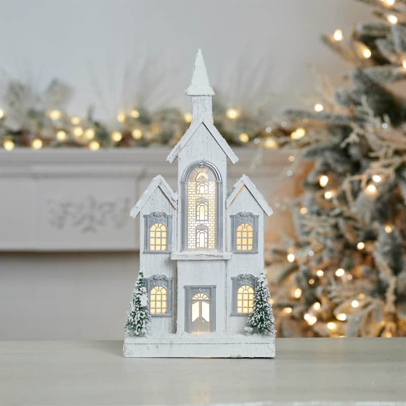LED Flocked Wooden Church 22"H - N/A