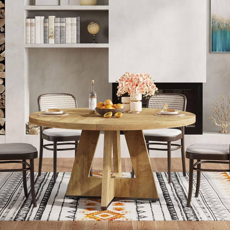 47" Round Wood Dining Table 4-Seater Farmhouse with Wooden Tabletop Cross Base for Dining Room/Kitchen