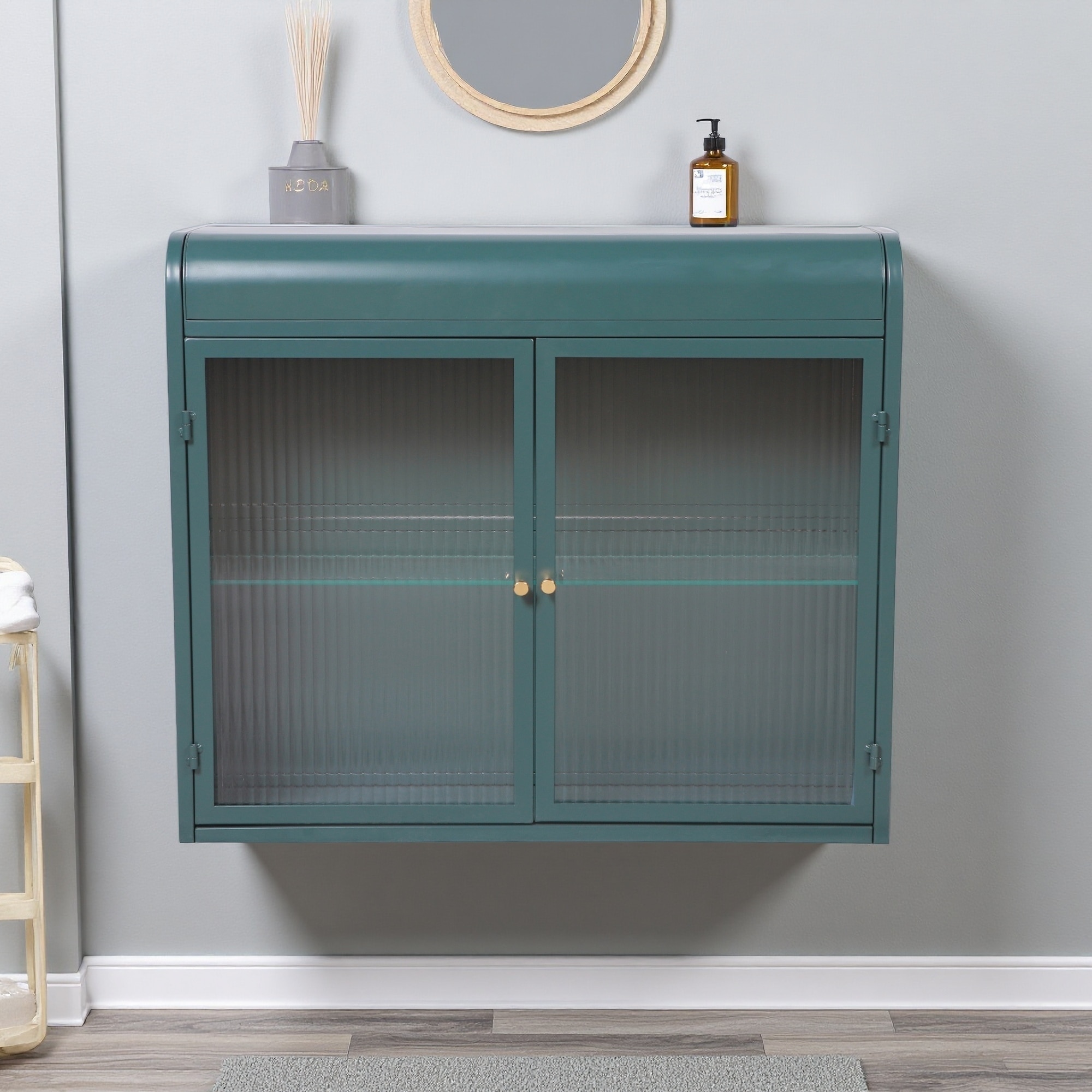 23.6"H 2-Door Wall-Mounted Metal Storage Cabinet with Tempered Glass Doors & Shelves for Bathroom, Kitchen, Living Room & Office