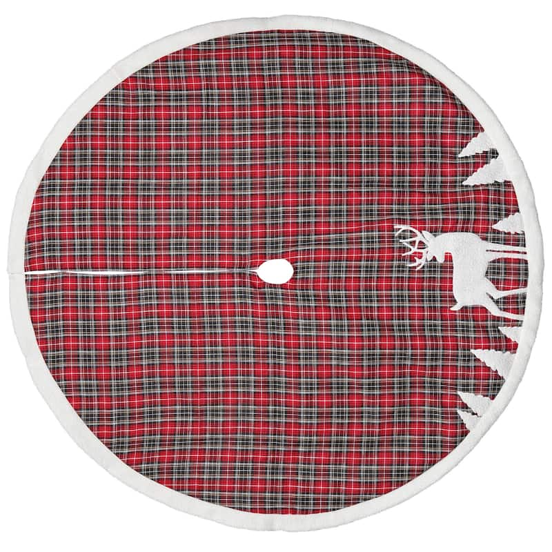 48" Red and Black Plaid Reindeer Christmas Tree Skirt - 48
