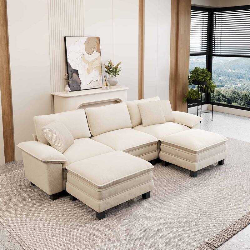 MAISON ARTS Modular Cloud Sectional Sofa, Comfy L- or U-Shaped Couch with Ottomans & Pillows, 4–6 Seat Living Room Sofa - Biege ( 5 Pieces) - Symmetrical