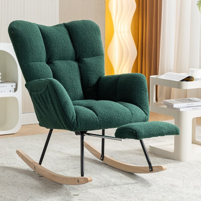 Fabric Rocking Chair With Adjustable Footrest - Green Teddy