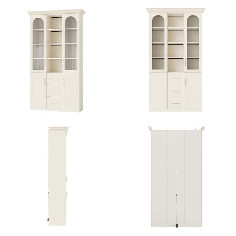Modular Bookcase with LED Lights, Glass Door Storage Cabinet with Drawers, Large Display Shelving Unit Sideboard