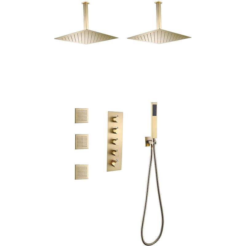 Dual 16" Rainfall Shower Heads Thermostatic Shower Faucet Set w/ Body Jets - Brushed Gold - Brushed Gold