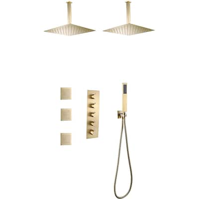 Dual 16" Rainfall Shower Heads Thermostatic Shower Faucet Set w/ Body Jets - Brushed Gold - Brushed Gold