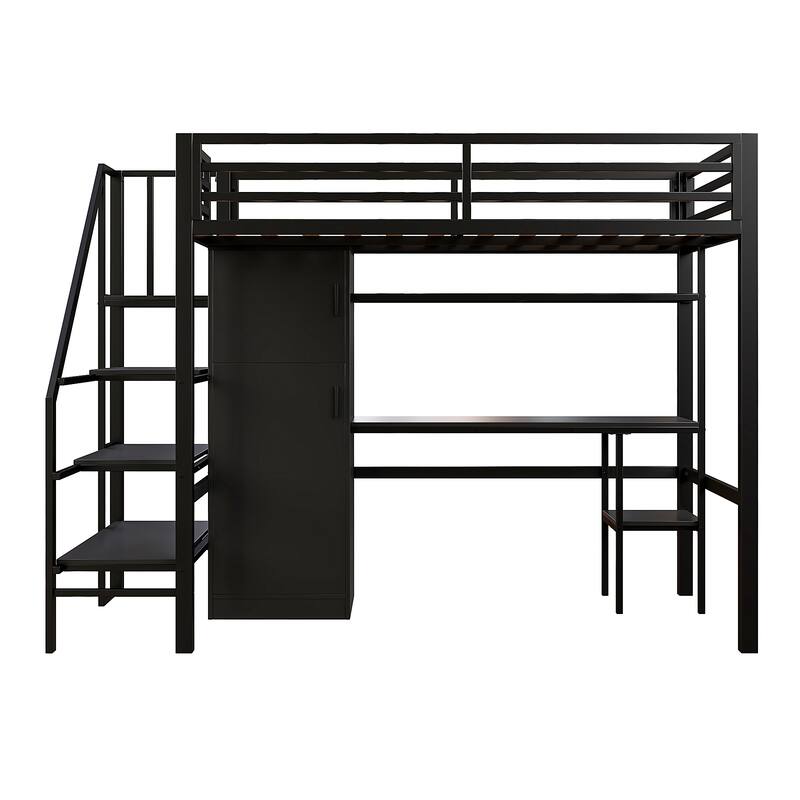 Full-Size Metal Loft Bed with Built-in Wardrobe, L-Shaped Desk, Charging Ports, and Multi-Layer Storage Shelves