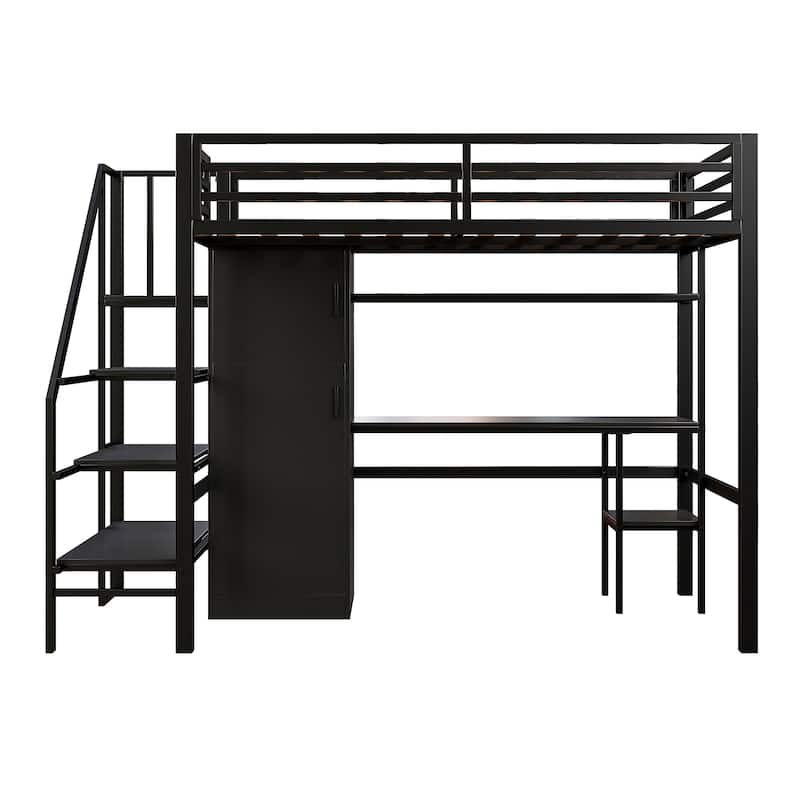 Twin Size Loft Bed with Storage Ladder, Metal Loft Bed Frame with Large Wardrobe & Desk for Teens Kids, No Box Spring Needed