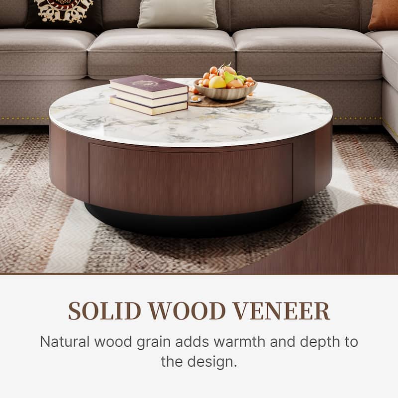 35" Modern Faux Marble Round Coffee Table, White Glossy Sintered Stone Tabletop
