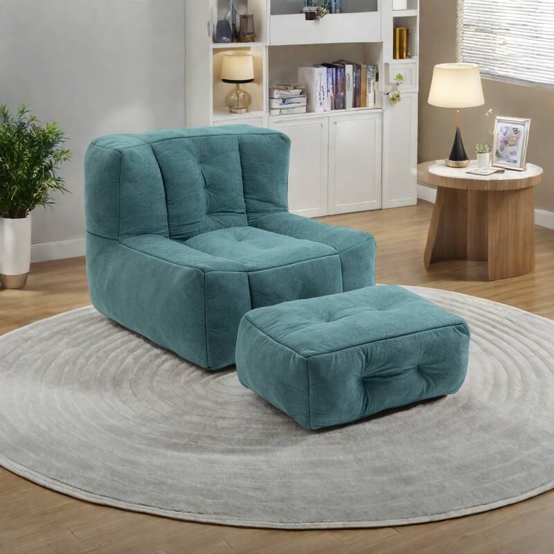 Velvet Memory Foam Bean Bag Super Soft Lounge Chair with Ottoman - Green