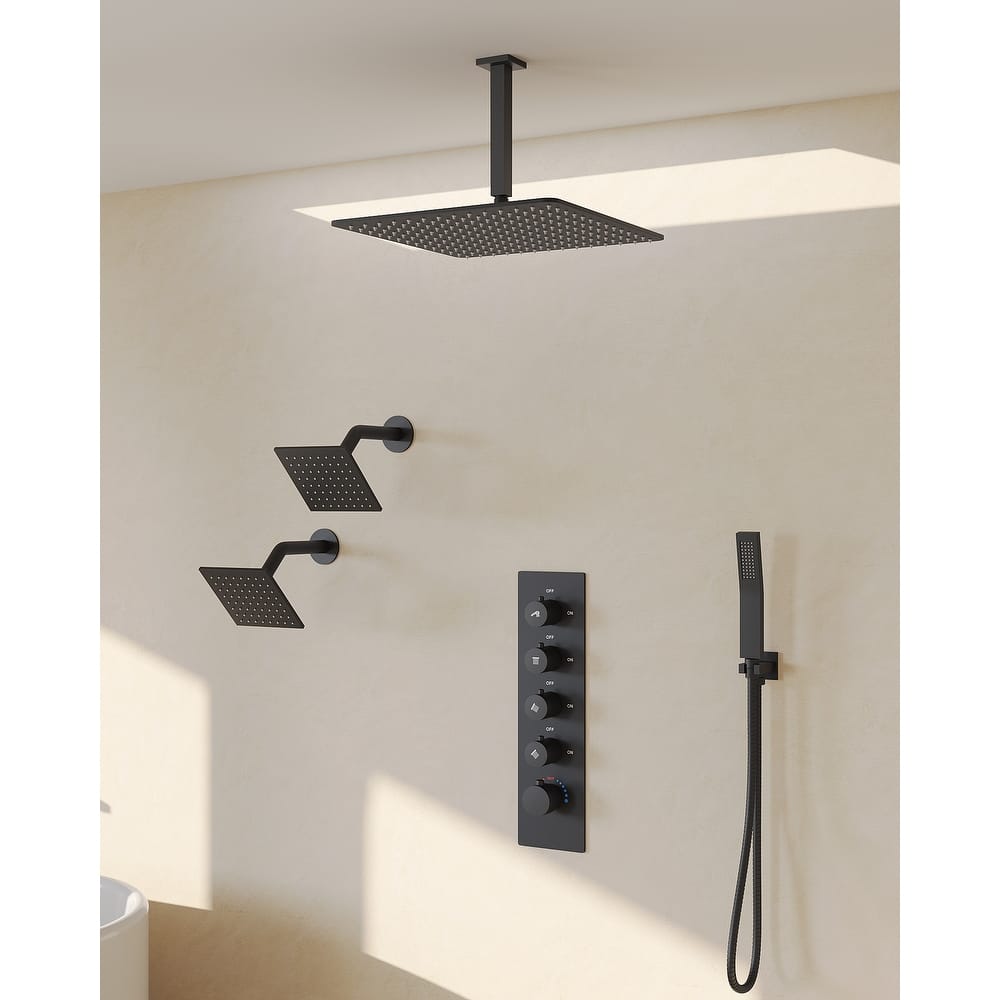 GRANDJOY High Pressure Shower Faucet System 16" Ceiling and dual 6" Wall Mounted Shower Head Combo Handheld Shower Spray