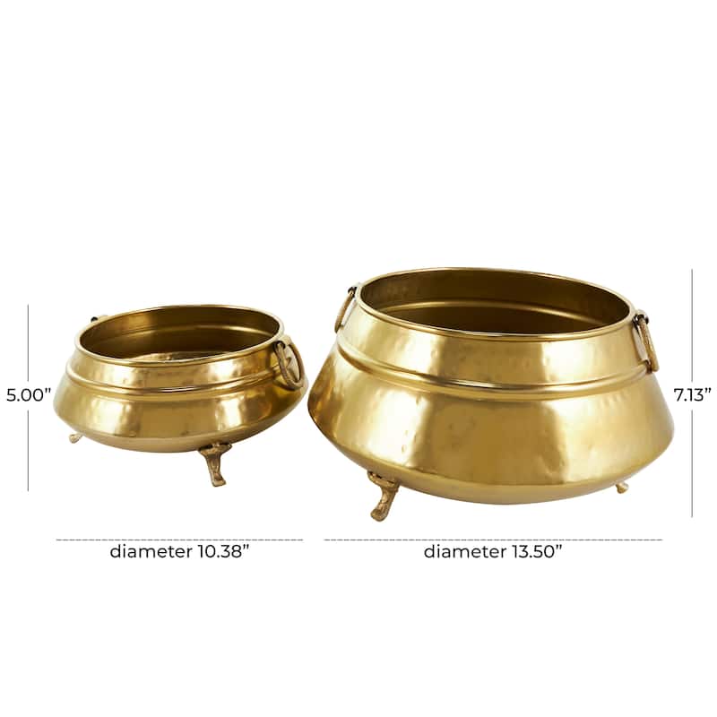 Gold Metal Hammered Pot Indoor Outdoor Planter with Scrolled Feet and Ring Handles (Set of 2)