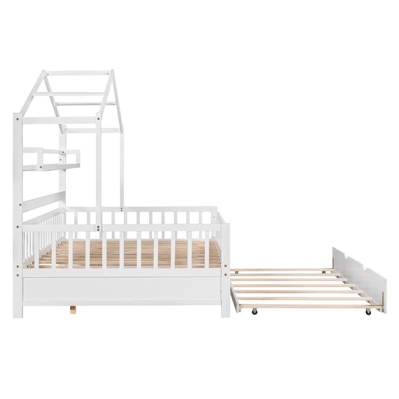 Cute Wooden Twin or Full House Bed with Trundle, Kids Bed Wood Platform Bed Frame with Safety Guardrail & Storage Shelf