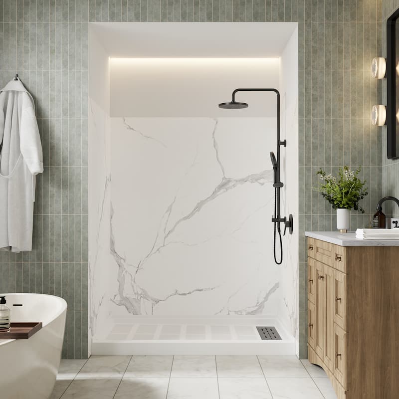 3-Piece Glue-Up SMC Composite Alcove Shower Wall Surround Kit, Waterproof Easy-Clean Shower Panels