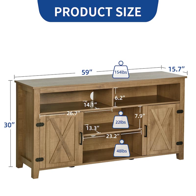 Farmhouse TV Stand for up to 65" TV with Doors and Open Shelves Media Console Power Outlet