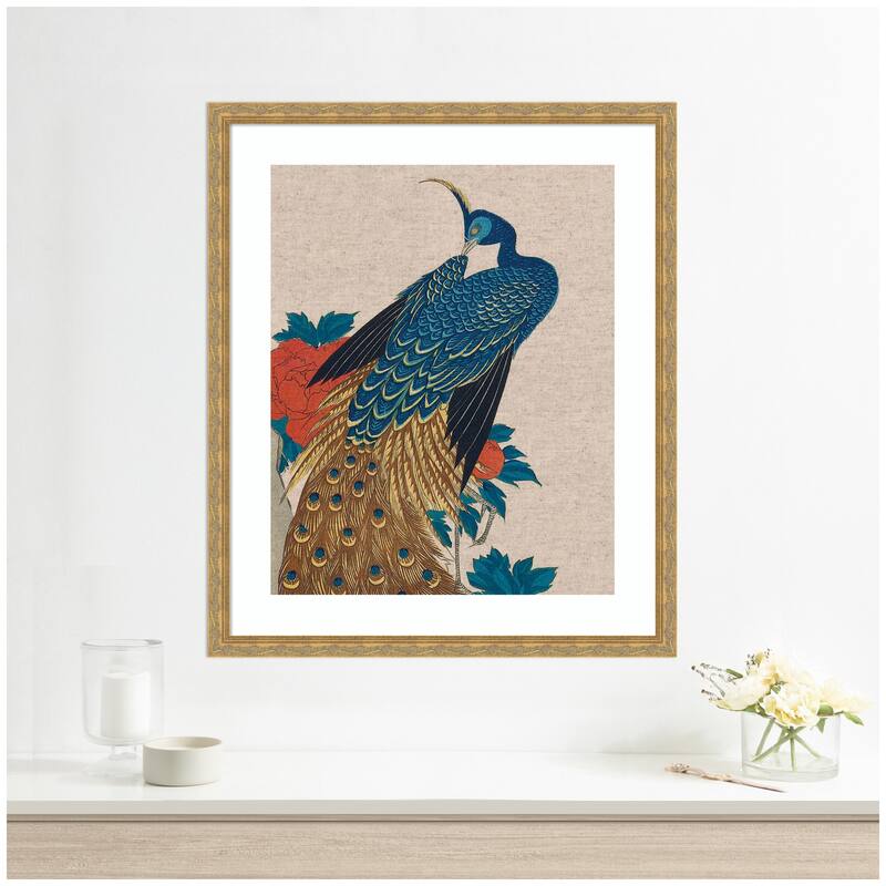 Kate and Laurel Framed Art Peacock and Peonies 1840 Utagawa Hiroshige Neutral Linen by The Art Institute of Chicago