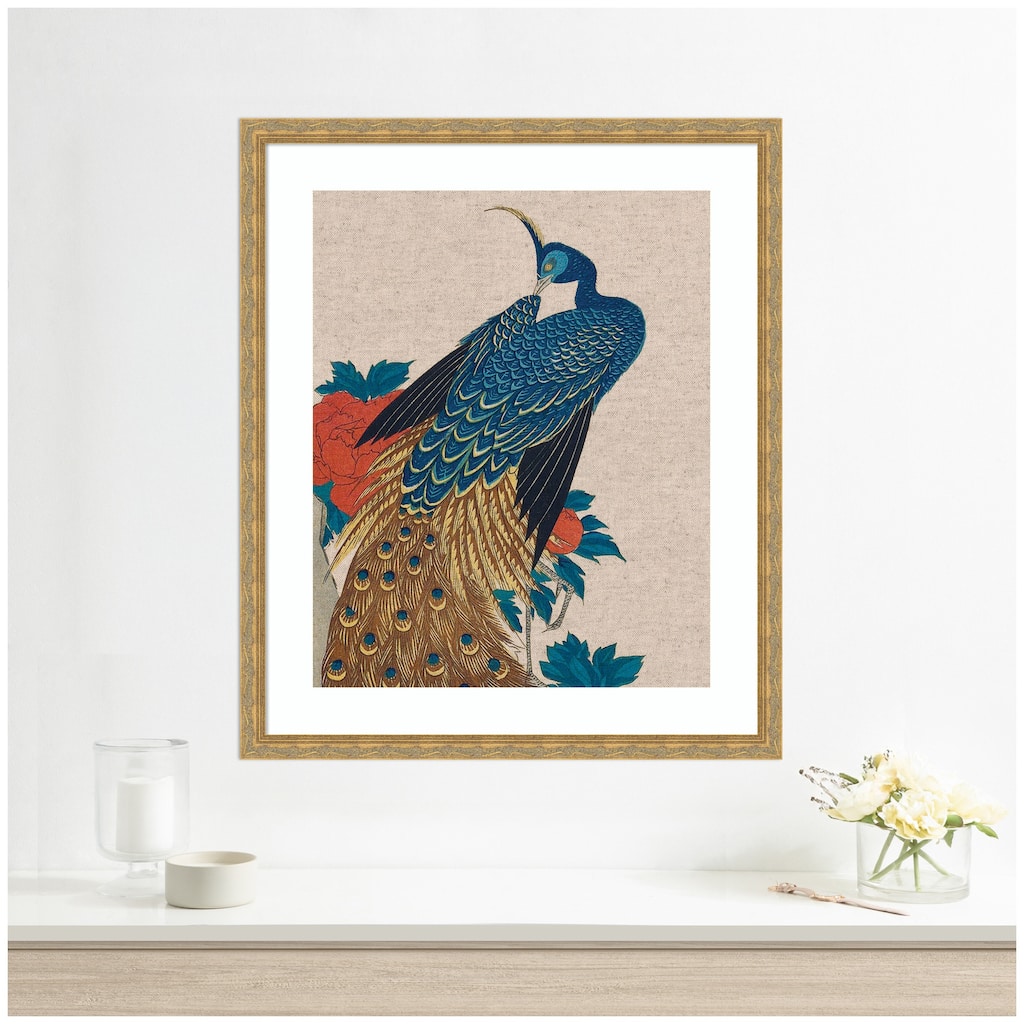 Kate and Laurel Framed Art Peacock and Peonies 1840 Utagawa Hiroshige Neutral Linen by The Art Institute of Chicago