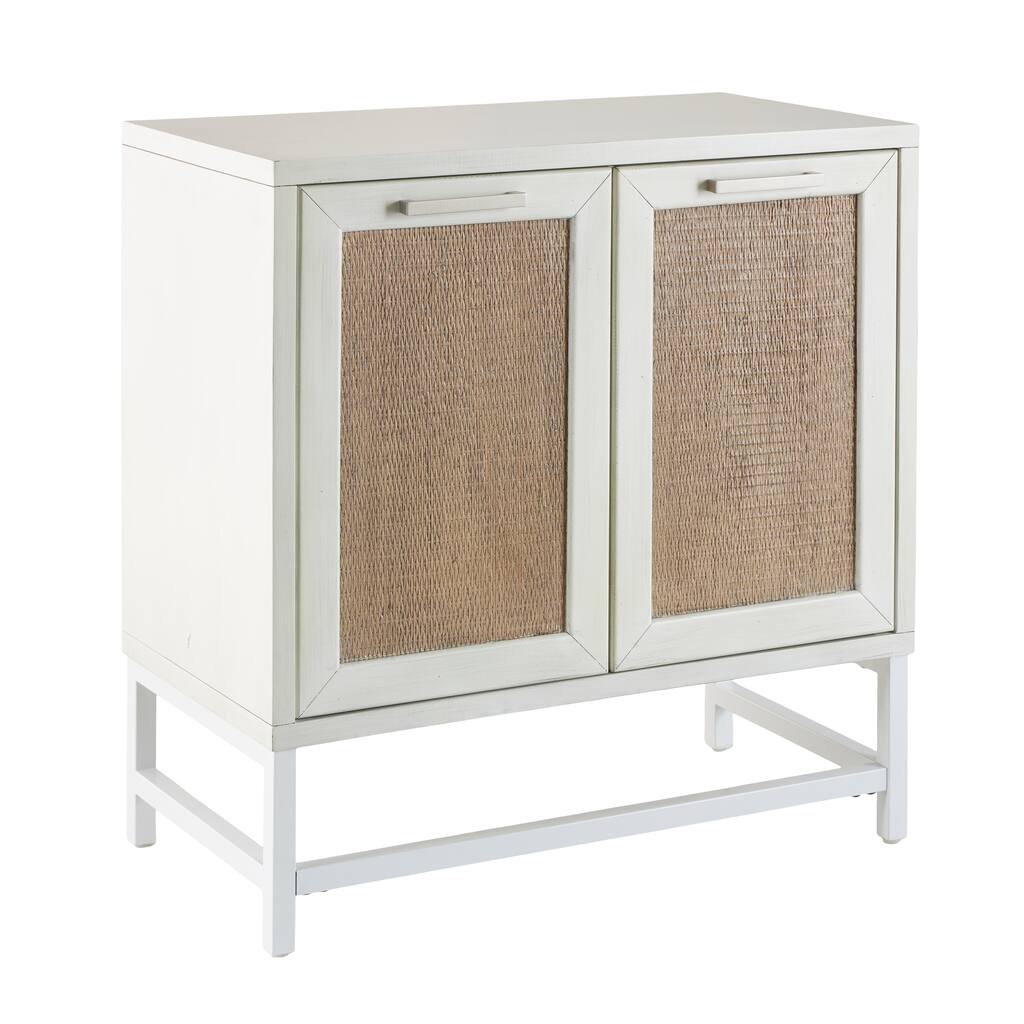 Wooden 2 Door Cabinet with Brown Woven Rattan Doors and Metal Base - White - Roche River Decor - 16"W x 30"L x 31"H