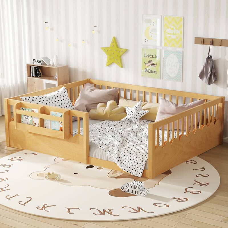Queen/Full/Twin Floor Bed with Fence and Bookshelf, Wood Kids Floor Bed - Natural - Queen