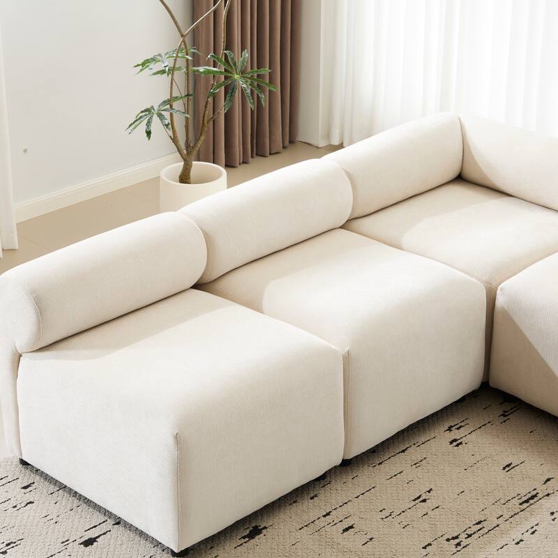 L Shaped Modular Sectional Sofa, Chenille Upholstered Round-Back 4 Seat Sofa, High Resilience Soam Corner Sofa