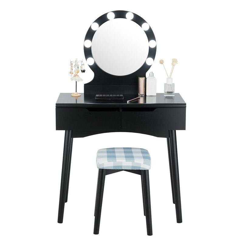 Dressing Table with Large Round Mirror and 8 Light Bulbs for Bedroom - 31.5" x 16" x 52" (L x W x H)