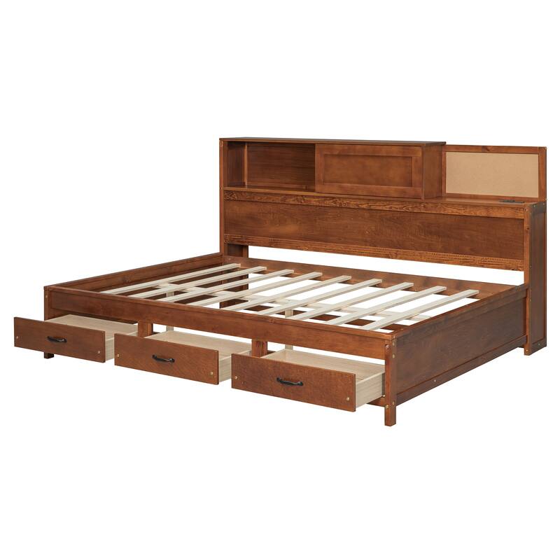 Full Size Wooden Daybed with Storage Drawers, USB Ports, and Shelf in Walnut