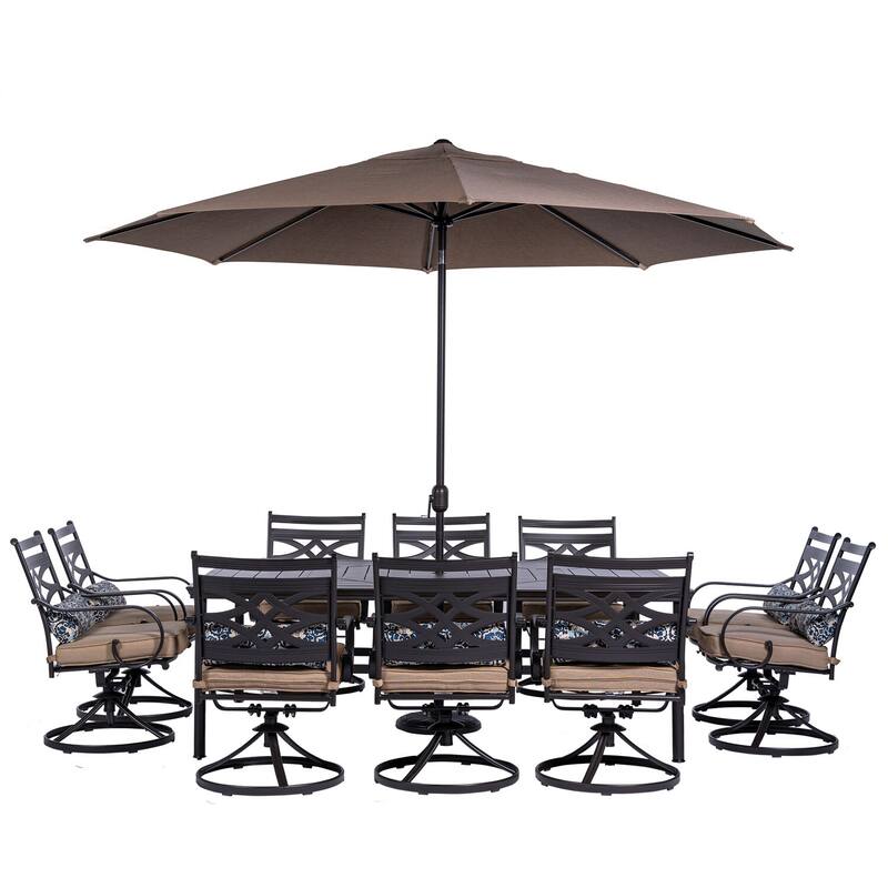 Hanover Montclair 11-Piece Dining Set in Tan with 10 Swivel Rockers, 60-In. x 84-In. Table, 11-Ft. Umbrella and Umbrella Stand