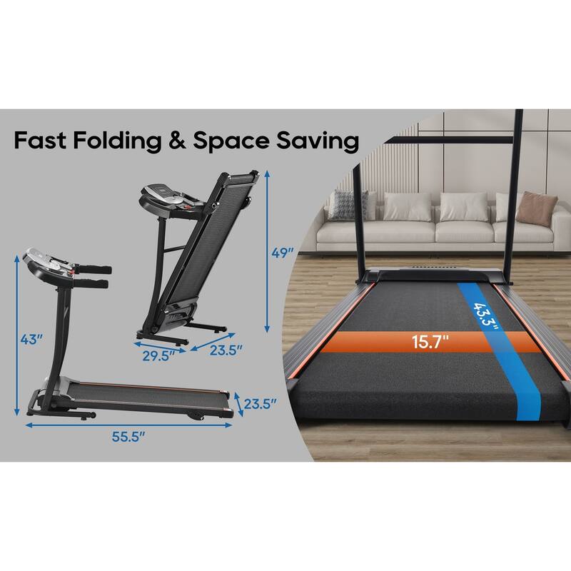 2.5 HP Quiet Brushless Motor Treadmill Folding Incline Treadmill with 12 Programs, Home Portable Walking Machine wSliding Wheel