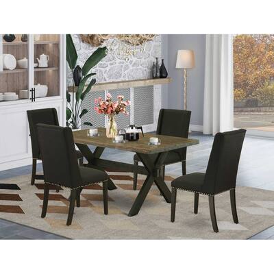 HomeStock 5-Piece Rectangle Distressed Jacobean Finish Solid Wood Top Dining Table with 4 Upholstered Chairs with Lattice Back