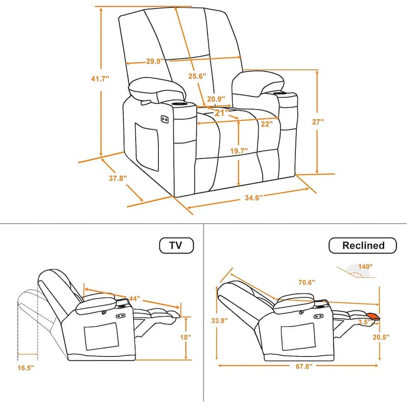 MCombo Electric Power Recliner Chair with Massage & Heat, Plush Fabric 8015