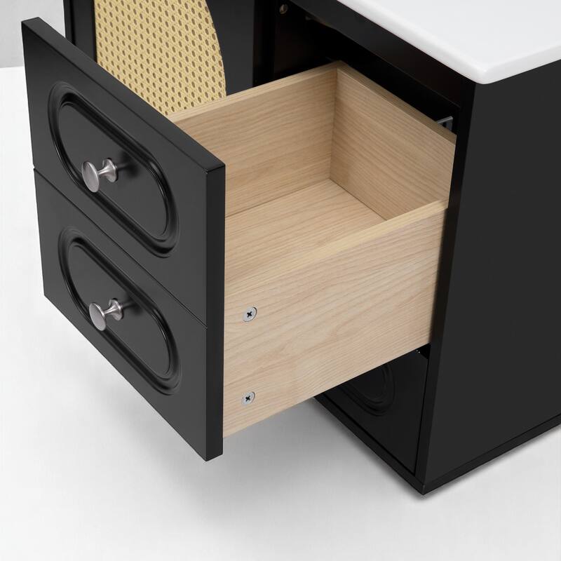 30 Inch Bathroom Vanity with Sink, Rattan Drawer Fronts, Ceramic Basin, Black MDF Cabinet, 2 Drawers