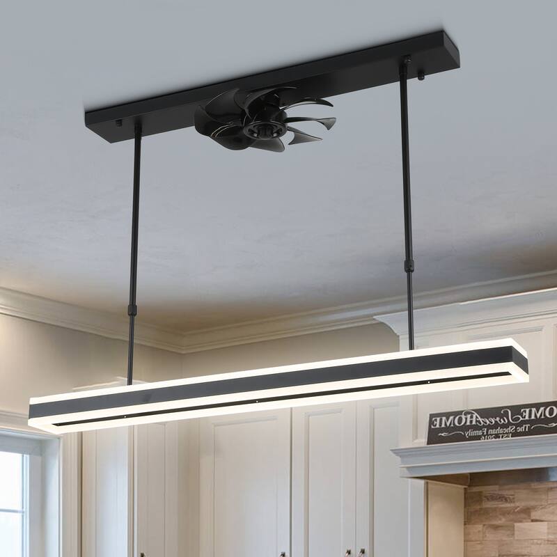 Cusp Barn 40 Inch Modern Ceiling Fan with LED Light, Black Pendant Lighting, Linear Hanging Lamp Chandelier for Dining Room - Black