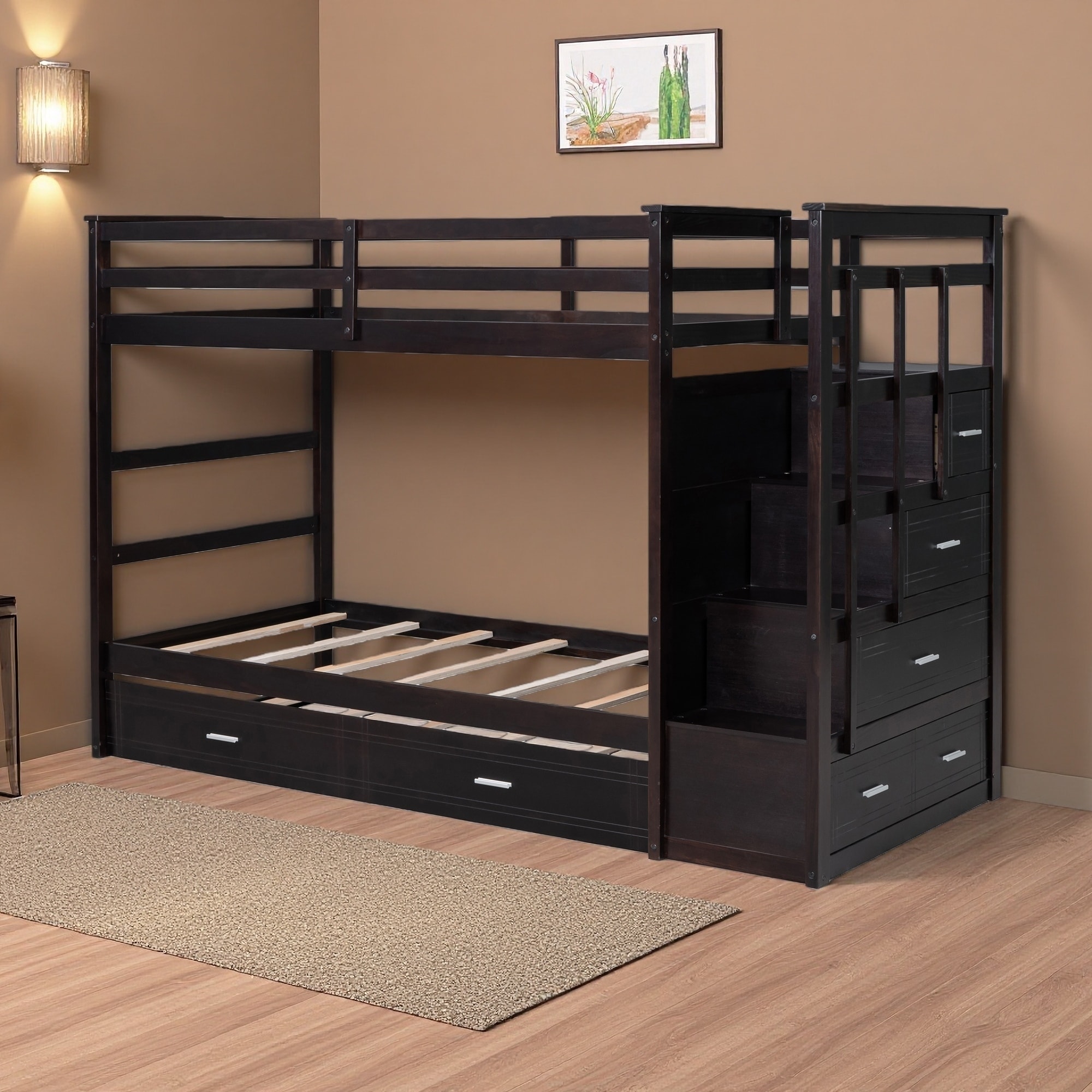 Twin Over Twin Solid Wood Bunk Bed with Trundle, Staircase and 4 Drawers