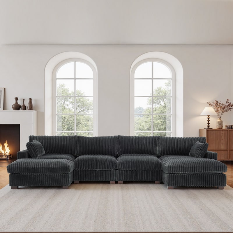 Modern Oversized Plush Corduroy Modular Sectional Sofa with 2 Ottomans