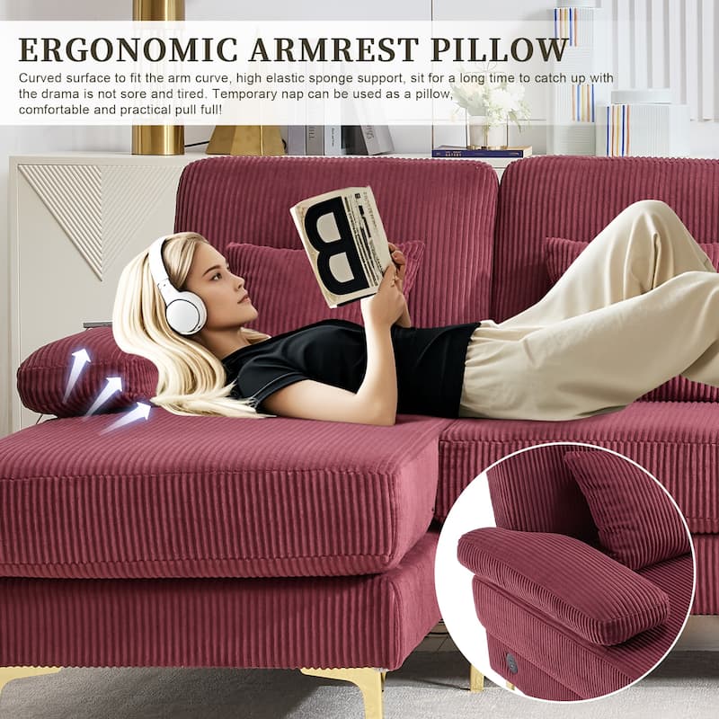 HOMEFUN Corduroy Upholstered U-shaped Adjustable Light Modular Sectional Sofa With Type-C and USB ports