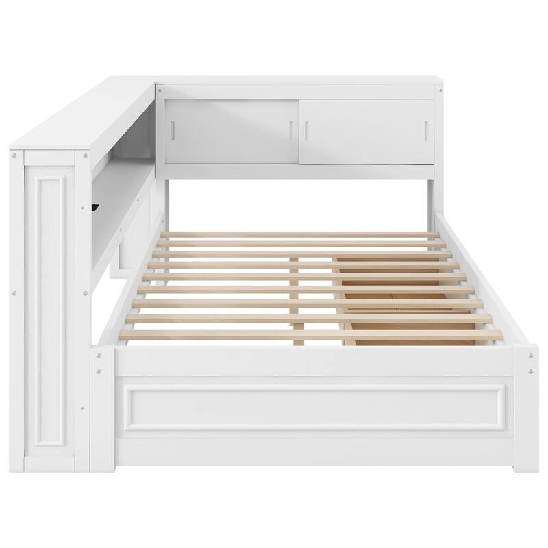 Wood Daybed with L-Shape Bookcase Built-in Light Strip and Charging Station, Full Size Captains Bed Optional Drawers or Trundle