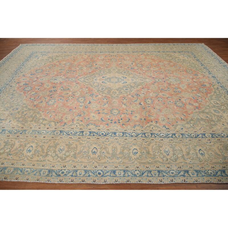 Hand Knotted Oriental 100% Wool Carpet Traditional Floral Pink Mashad Area Rug - 12' 6'' X 9' 6''