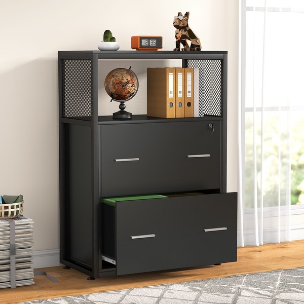 Filing Cabinet 4-Drawer Engineered Wood With Half Moon Handles in Black Finish 