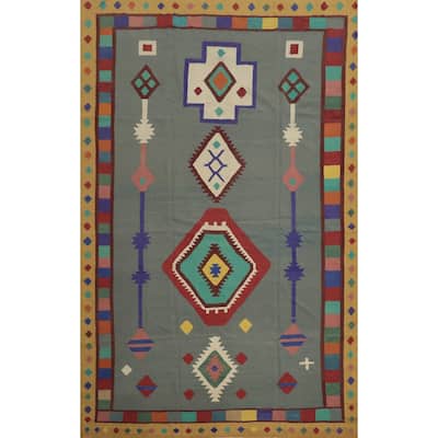 Hand Woven Oriental 100% Wool Carpet Southwestern Tribal Greys & Charcoal Kilim Area Rug - 14' 8'' X 9' 9''
