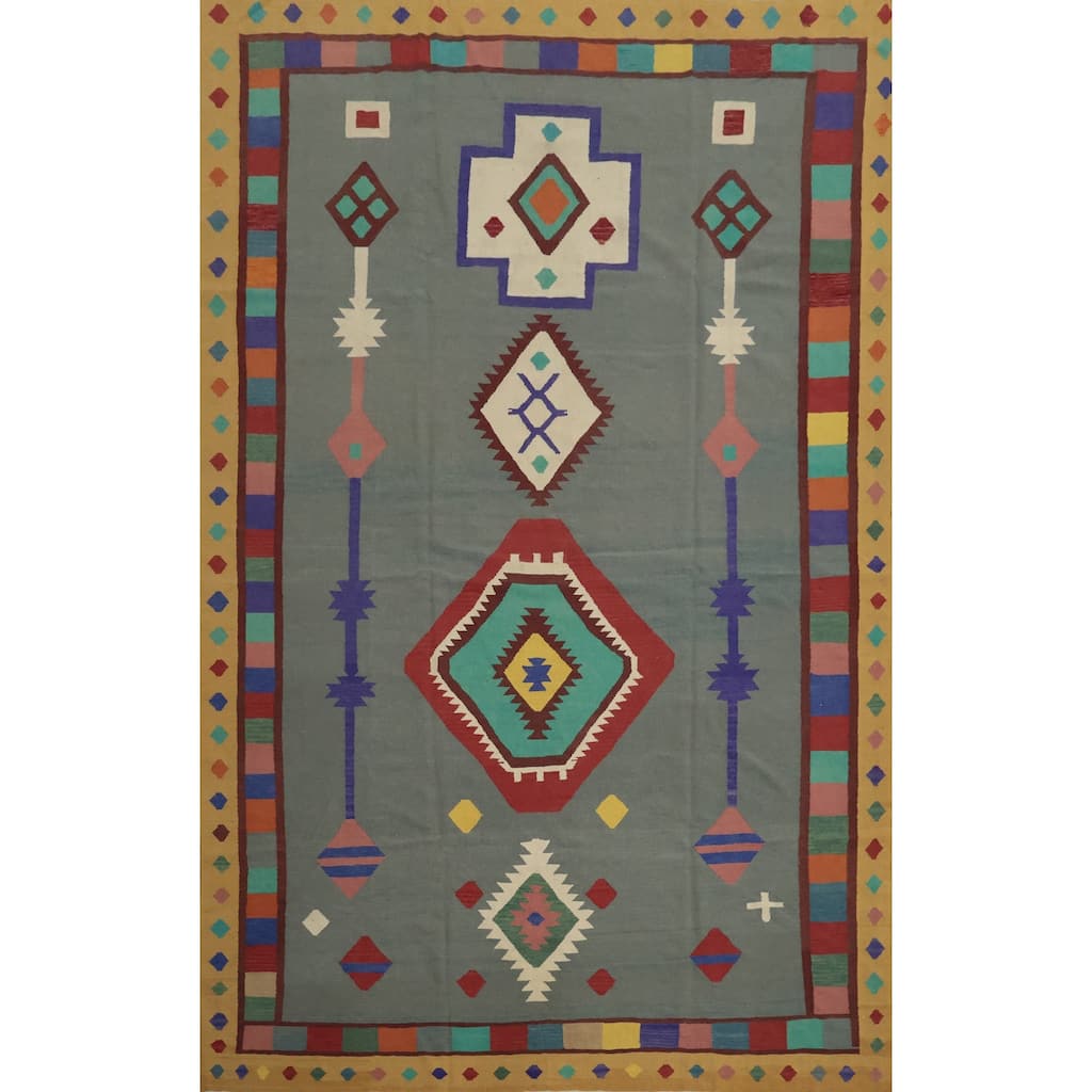 Hand Woven Oriental 100% Wool Carpet Southwestern Tribal Greys & Charcoal Kilim Area Rug - 14' 8'' X 9' 9''