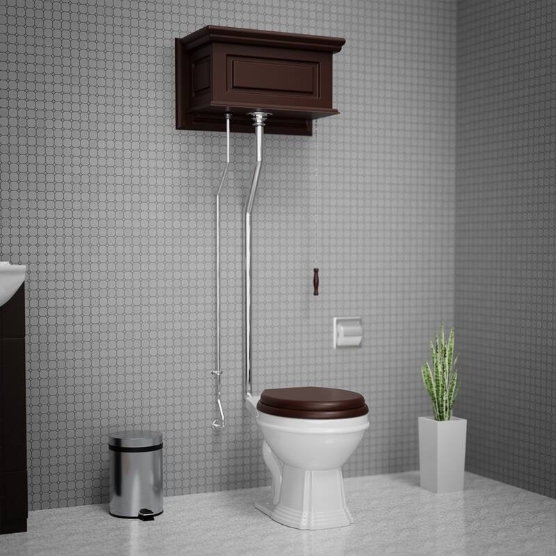 High Tank Toilet - Dark Oak Raised Tank, White Elongated Ceramic Bowl and Chrome L Pipes Renovators Supply