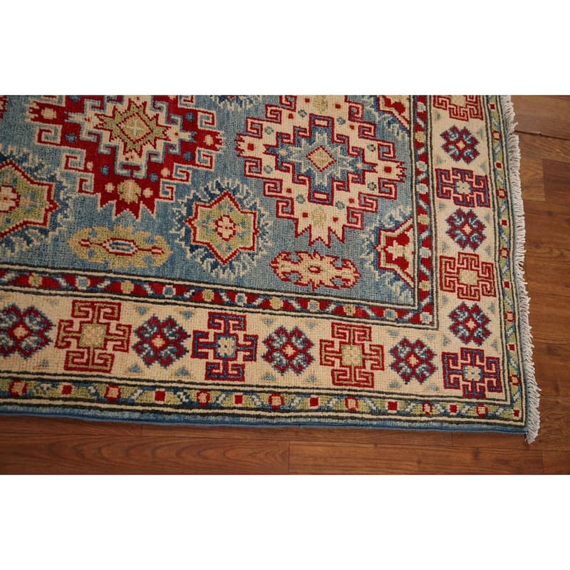 Light Blue Kazak Runner Rug Handmade Geometric Wool Carpet - 2'9" x 16'2"