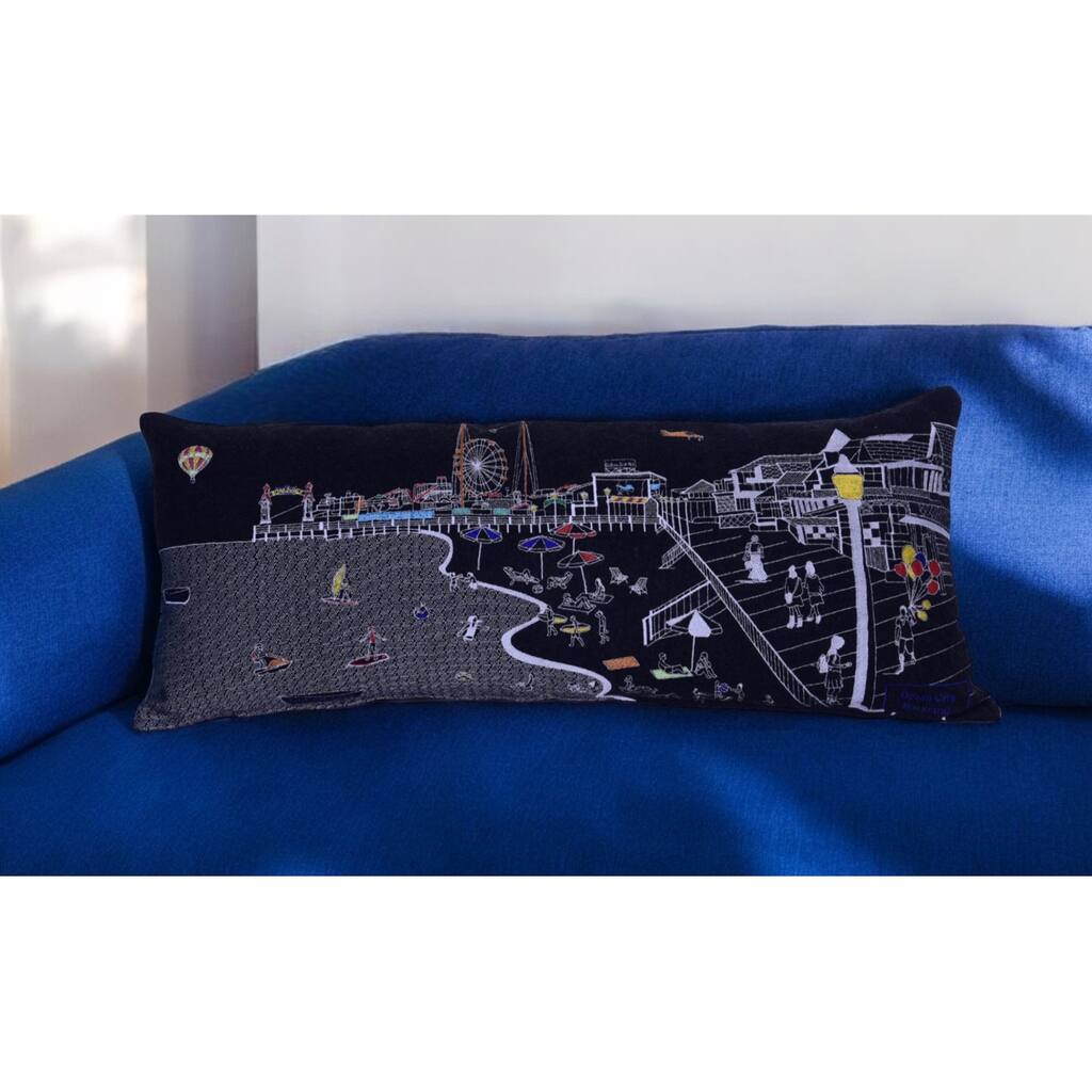 HomeRoots 14" X 35" Dark Gray And White Ocean City Nighttime Skyline Lumbar Decorative Pillow