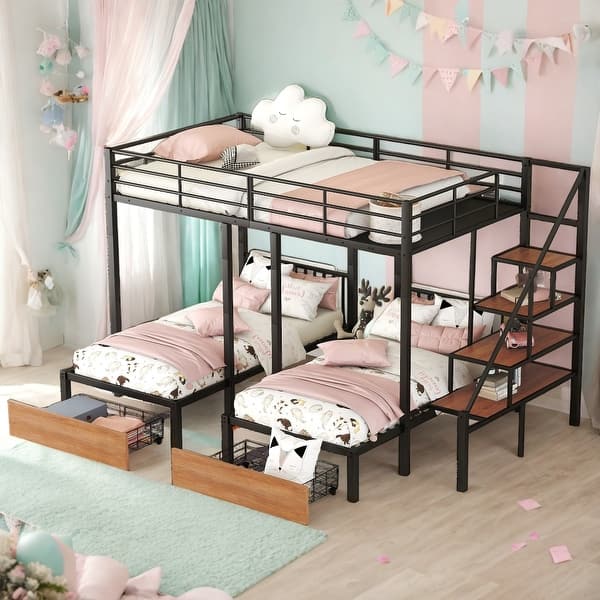slide 2 of 13, Full over Twin-Twin Triple bunk bed with drawers and staircase,Black Black